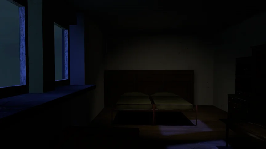 A dark room at night, bare furniture.