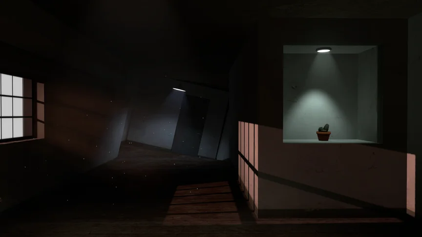 A gloomy dark corridor twisting space in impossible ways. A window casts volumetric rays into the room.