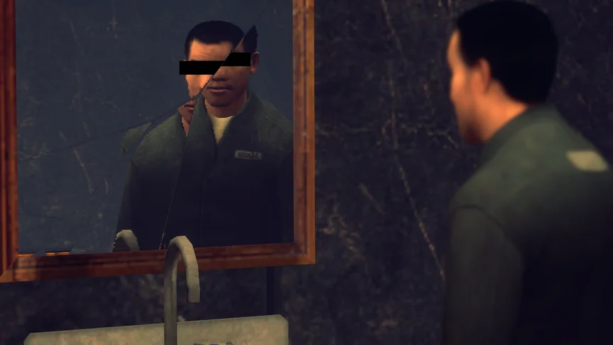 A guy staring in a cracked mirror with his face split along the cracks. Dark and moody, his eyes are censored.