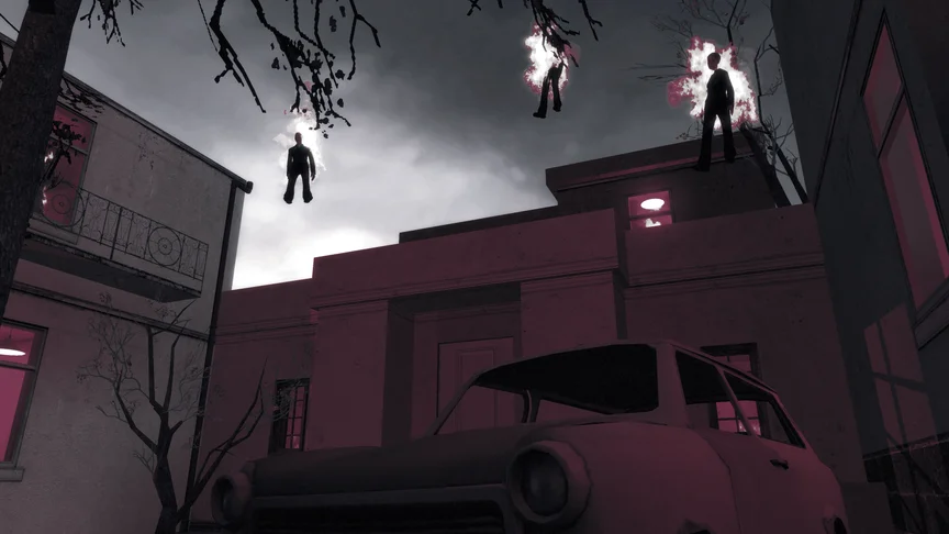 A surreal apartment block in red light. Burning silhouettes float against the grey sky. An old car under a black tree.