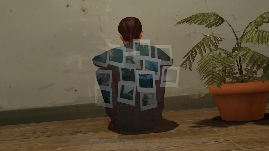 A girl sitting in front of a white wall with floating polaroids blending into her silhouette. Next to her, a potted plant.