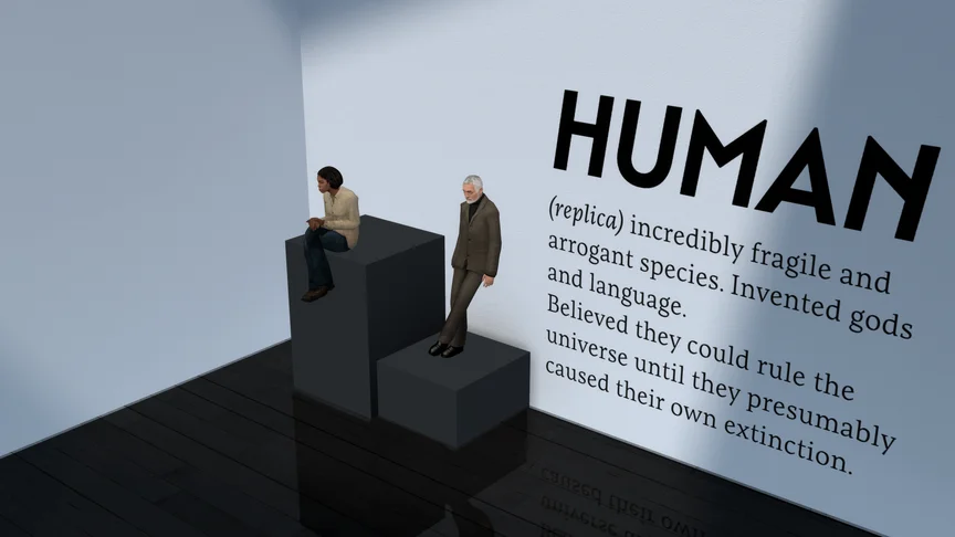 Two human replicas. Next to the exhibit a sarcastic description of humanity as arrogant inventors.
