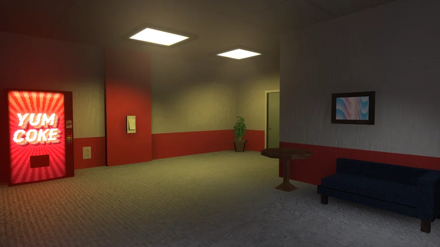 A gloomy warm office with a red vending machine, couch and door with a potted plant.