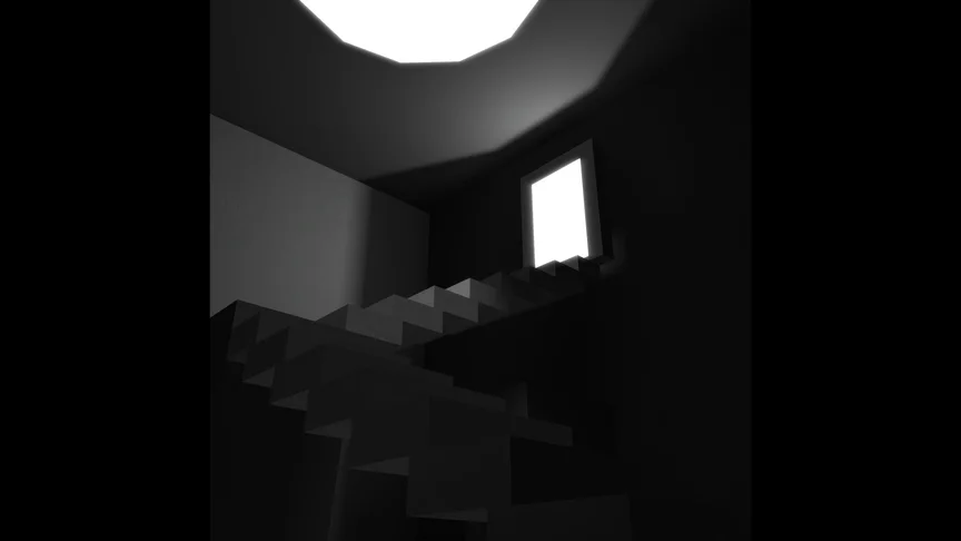 A staircase leading to a glowing white doorframe, which casts light into this desolate room.