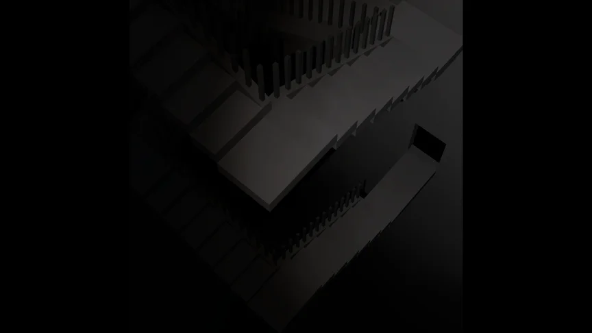 A spiral staircase going far down over a black abyss. One side is dangerously missing a railing.