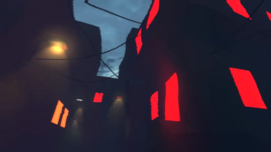 A courtyard shrouded in blue fog with red glowing windows. Wires hang from the top of the building. It's getting dark.