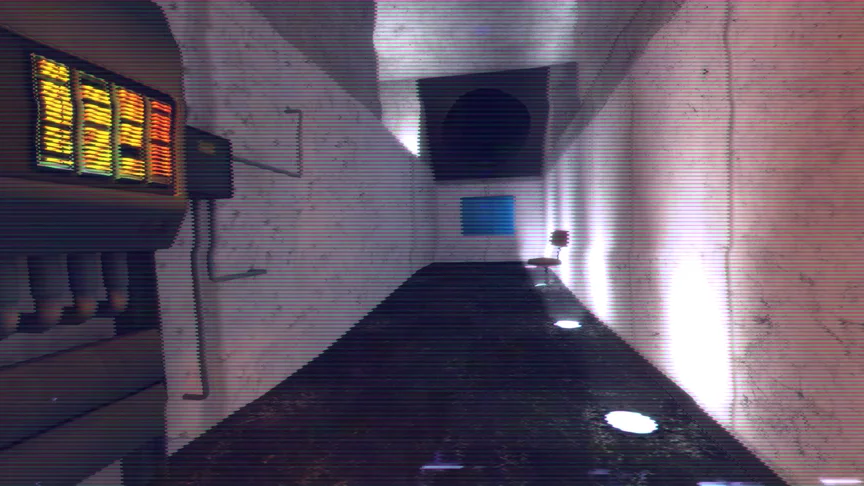 A surreal corridor with an odd blue glow and a huge black circular hole above. An office chair sits awkwardly on the side.
