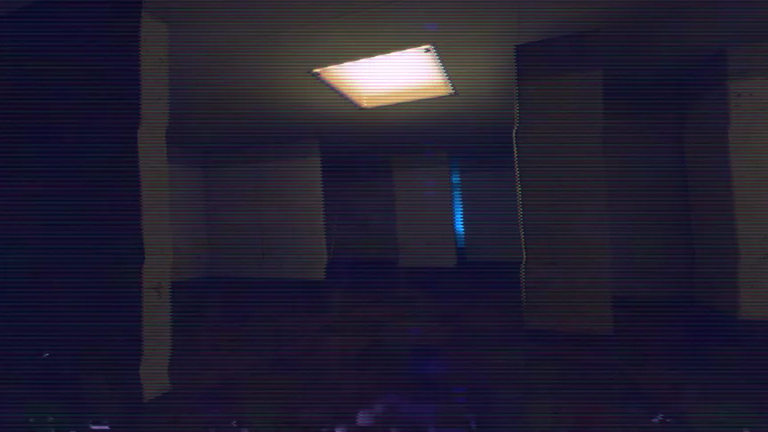 A distorted backrooms corridor, a buzzing fluorescent light fills the room with a dim yellow. A wall opens to a blue glow.