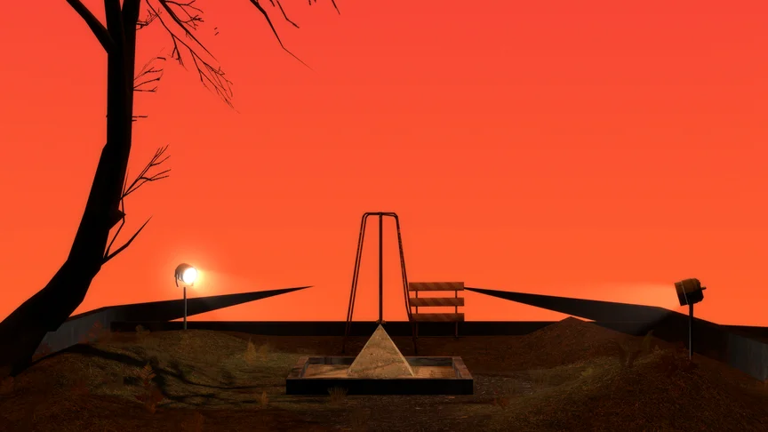Light spots centered on a sand castle pyramid with a playground swing behind. An intensely orange sky. A sparse tree.