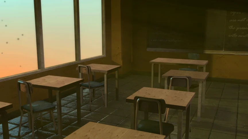 A gloomy classroom. The vast windows show a surreal vibrant outside. Something is written on the black board.