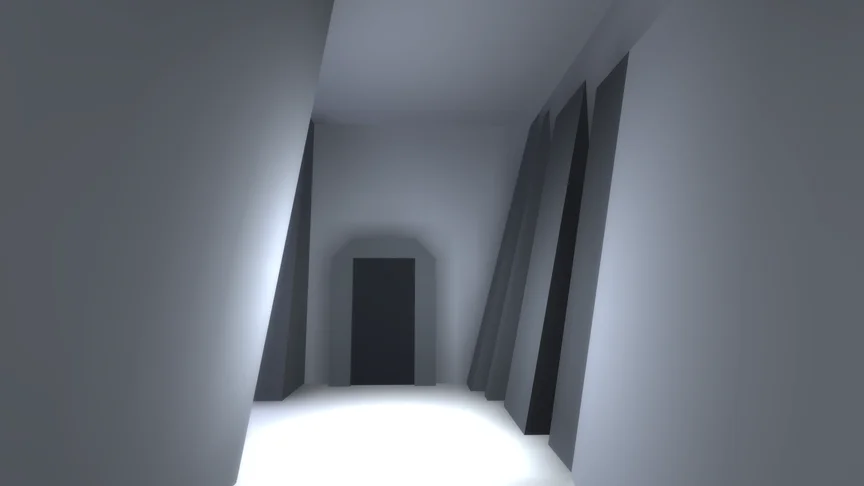 A skewed futuristic corridor with a dark door at the end.