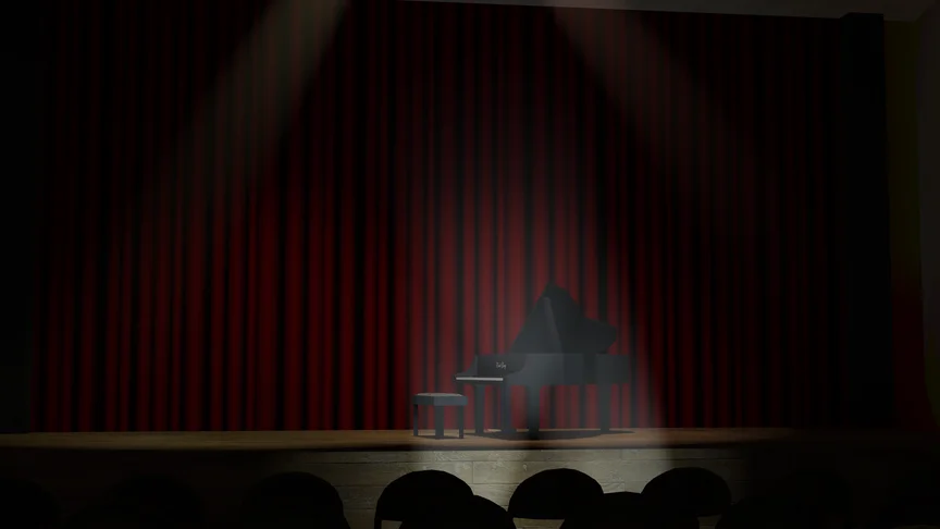 A grand piano on a stage, red curtains.