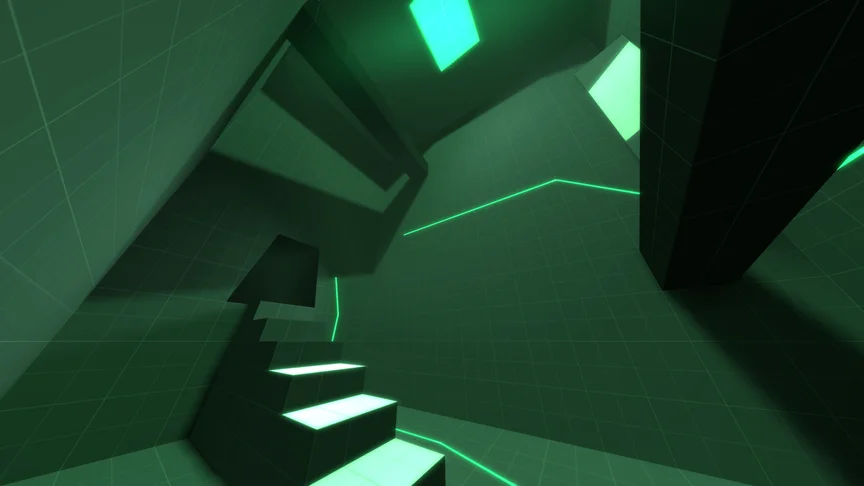A puzzle room with a staircase leading to the exit. Glowing green lines. 