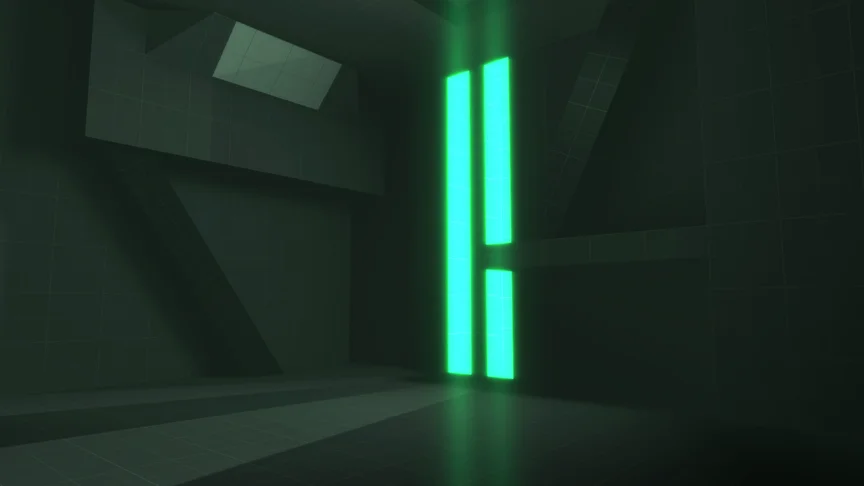 Two vast green monolithic light stripes, casting lines across a geometric minimalist room.