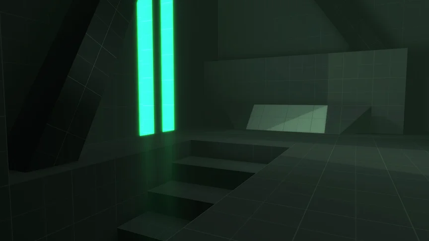 A staircase embedded into the floor, and the two vast light stripes embedding the room in green.