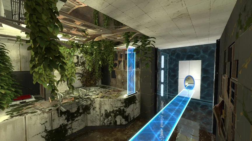 An overgrown Portal 2 puzzle with a hard light bridge shooting through two portals over a muddy water pit.