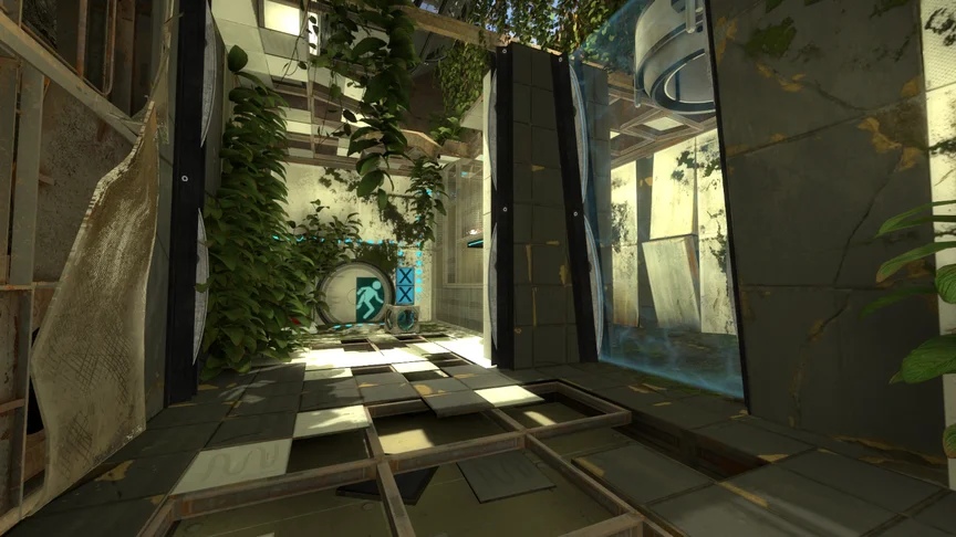 Another sunlit overgrown puzzle room with a emancipation grid and a cube tunnel above. A reflection cube.
