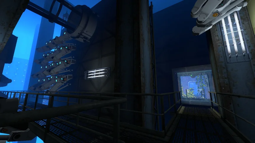 A catwalk in Aperture Science BTS. Light blue fog, and mechanical arms holding up structures with metal beams.