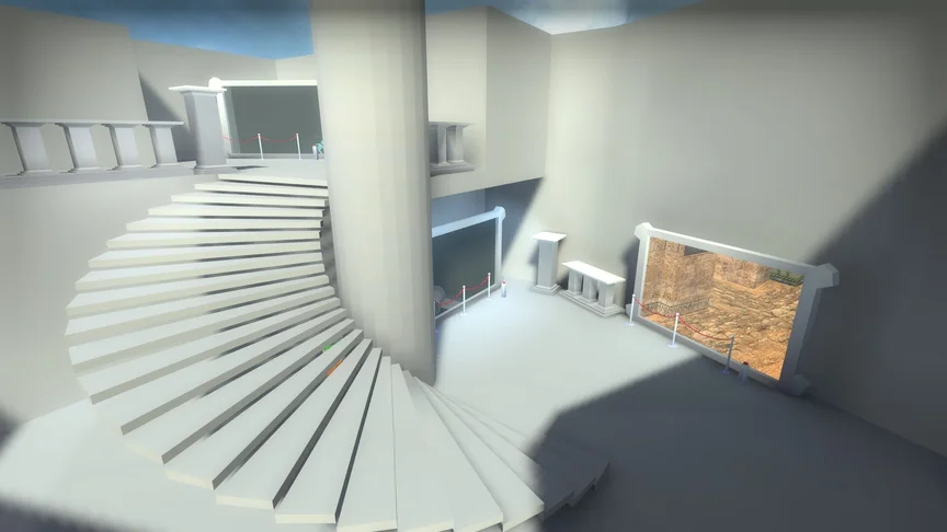 An exhibit space, a large spiral staircase and some big frames showcasing various different game genres behind.