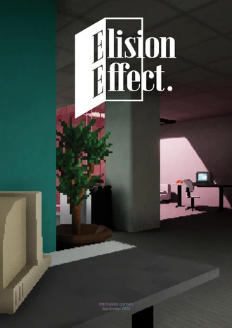 Poster design. Elision Effect logo in a doorframe. A potted plant in a liminal office, an oldschool computer on a desk.