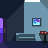 (in)stabilitea Pixelart: A couch in a blue office corridor, a purple vending machine and an alarm clock on a table.