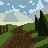 What is a game Pixelart: Lush grassland, trees and sandy mountains in the back.